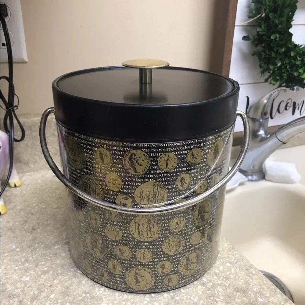 Thermo-Serve vintage ice bucket coins design black gold color theme bar ware